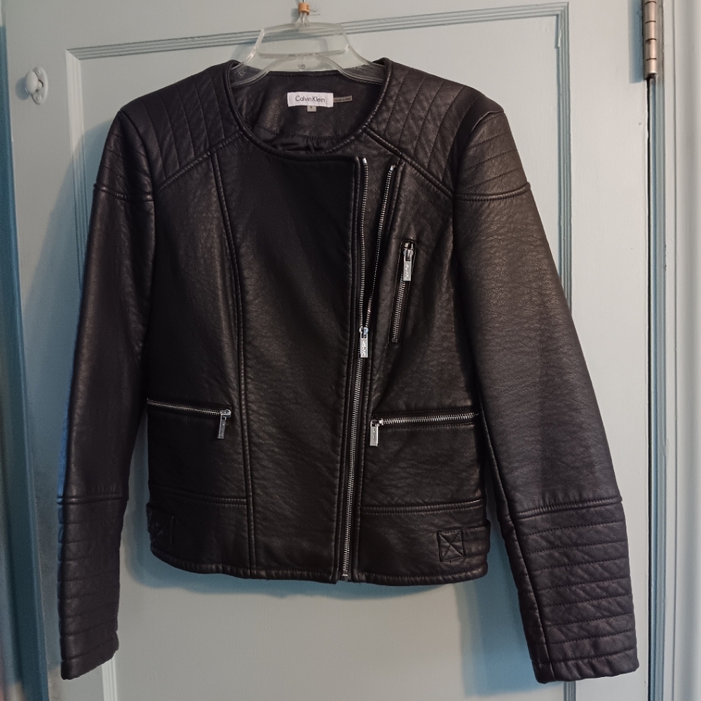 Calvin Klein Faux Leather Moto Jacket Dark Grey Small NWOT